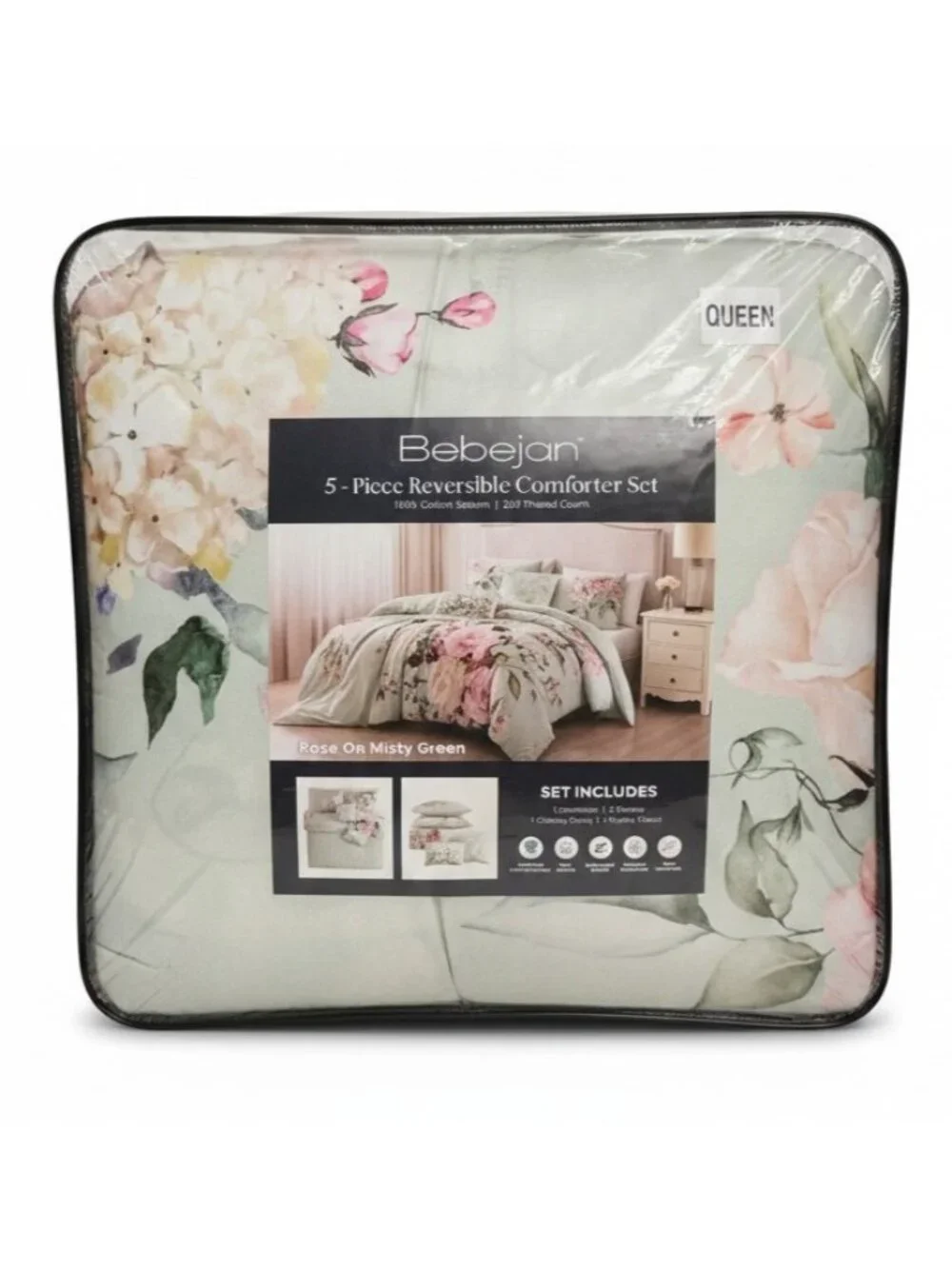 Bebejan Rose on Misty Green Queen 5-Piece Reversible Comforter Set NEW